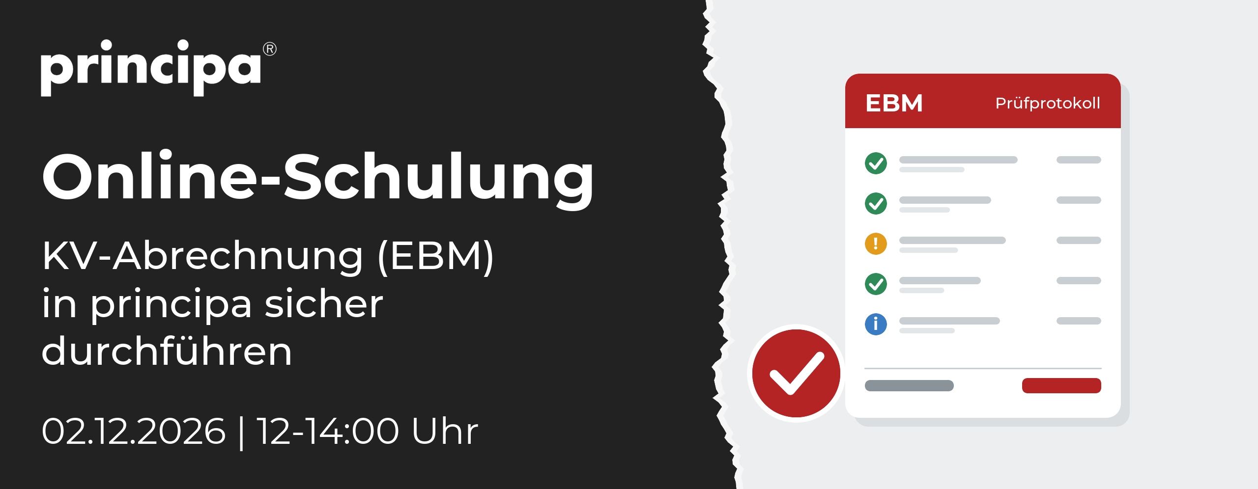 Schulung principa KV-Abrechnung (EBM) Online-Schulung: KV-Abrechnung (EBM) in principa sicher durchführen, 02.12.2026, 12-14:00 Uhr